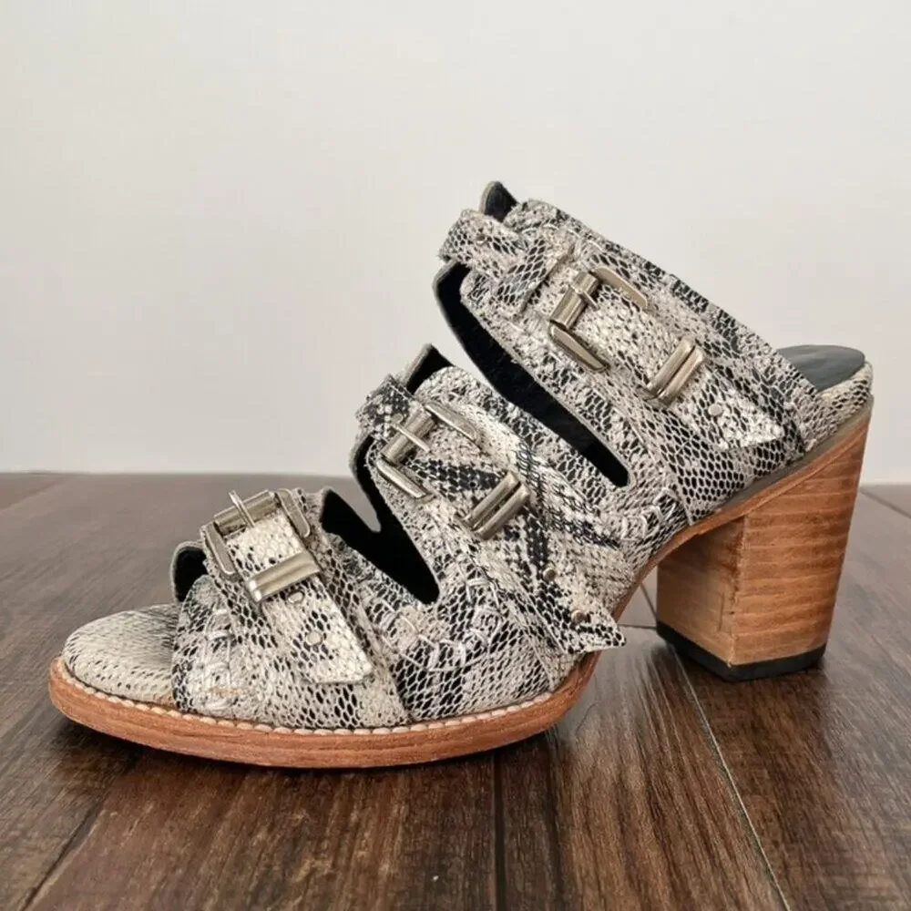 Freebird Caitlyn Leather Sandal Snake Embossed Buckle Heel Size 9 Black White